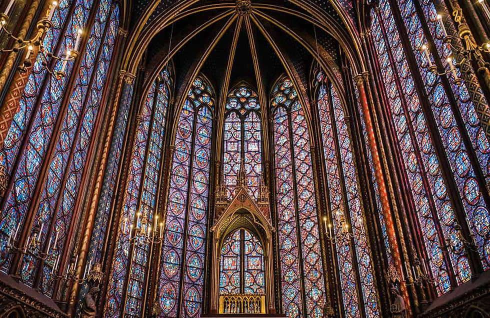 The stained glass windows of the apse of the Sainte-Chapelle, Paris.