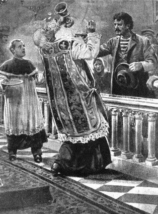 A contemporary illustration of the assassination of Father Leo Heinrichs by the Italian anarchist Giuseppe Alia on Feb. 23, 1908. (Photo: Wikipedia)