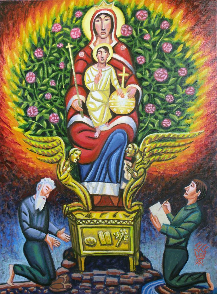Mary holding Jesus, the Ark of the Covenant, and the Burning Bush
