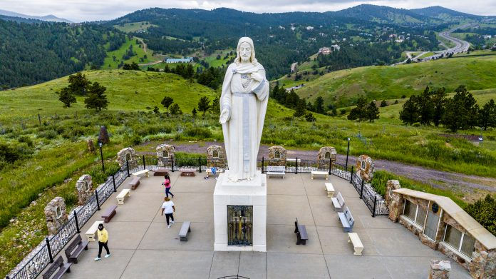 The Sacred Heart of Jesus statue on top of the mountain at Mother Cabrini Shrine in Golden, Colorado. Photo provided by Mother Cabrini Shrine.