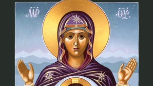 Religious icon of a haloed figure in purple robes, hands raised. Starry patterns on attire, mountains in the background, serene expression.