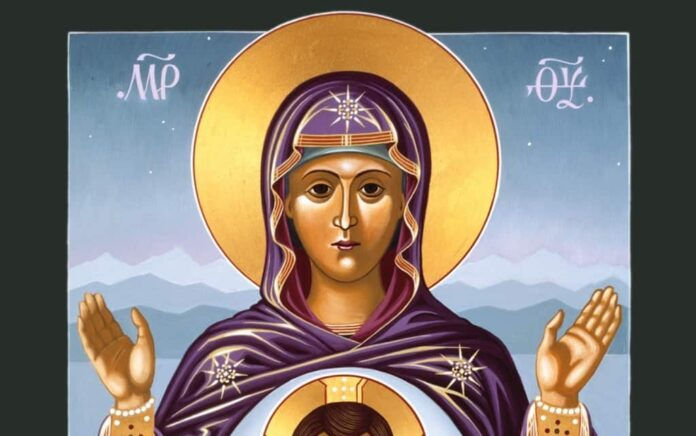 Religious icon of a haloed figure in purple robes, hands raised. Starry patterns on attire, mountains in the background, serene expression.