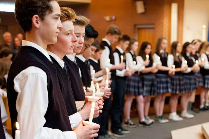 Bishop Jorge Rodriguez celebrates mass for the students at St Mary's of Littleton for Catholic Schools Week. February 2, 2017: St. Mary's of Littleton school Littleton, Colorado Photo by Andrew Wright/Denver Catholic