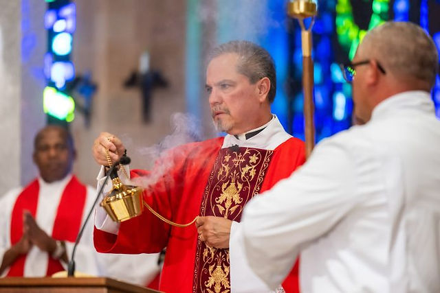 NORTHGLENN, CO - AUGUST 10: Deacon Ernie Martinez offers incense during a Deacon Day Mass at Immaculate Heart of Mary Catholic Parish on August 10, 2023, in Northglenn, Colorado. (Photo by Daniel Petty/Denver Catholic)