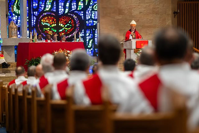 NORTHGLENN, CO - AUGUST 10: Denver Auxiliary Bishop Jorge Rodriguez preaches during a Deacon Day Mass at Immaculate Heart of Mary Catholic Parish on August 10, 2023, in Northglenn, Colorado. (Photo by Daniel Petty/Denver Catholic)