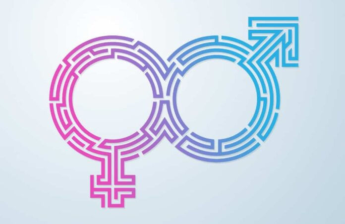 concept of complexity of genders, male and female sign combined with maze