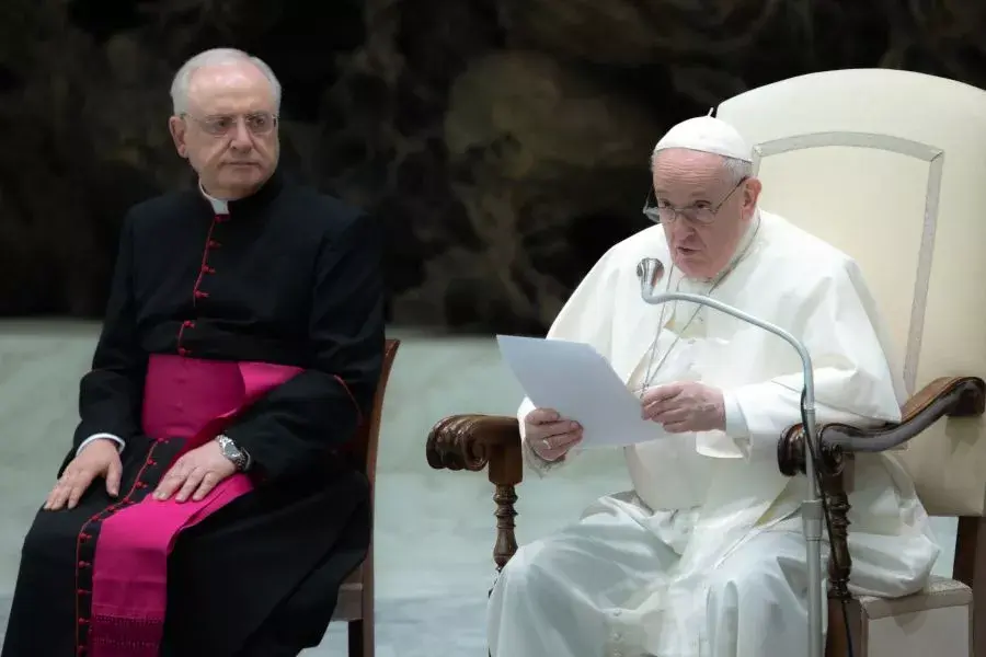 Pope Francis during his general audience in the Paul VI Hall on Jan. 26, 2022. (Photo by Daniel Ibáñez/CNA / EWTN)