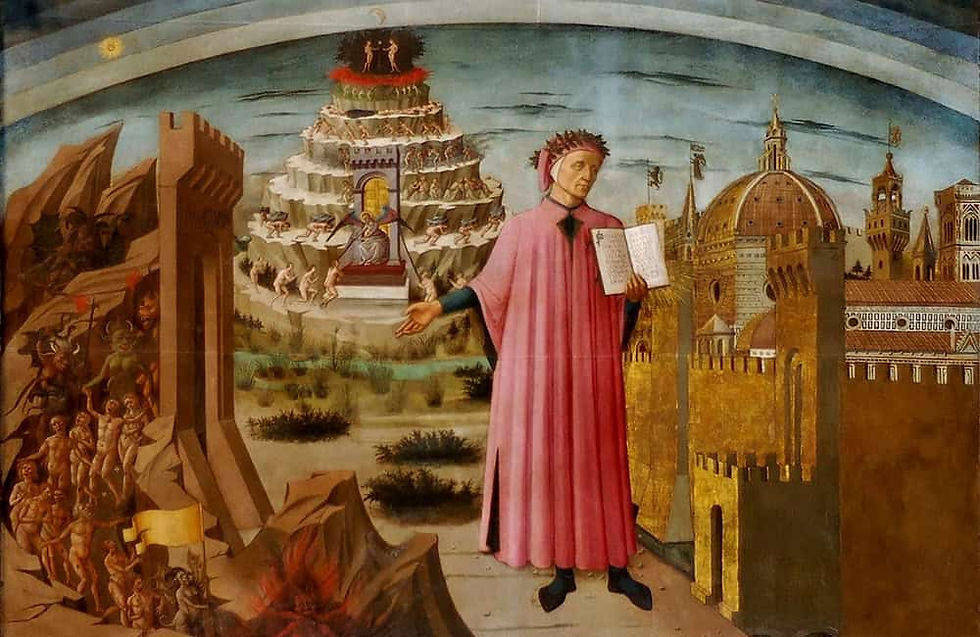 Dante shown holding a copy of the Divine Comedy, next to the entrance to Hell, the seven terraces of Mount Purgatory and the city of Florence, with the spheres of Heaven above, in Domenico di Michelino's 1465 fresco.