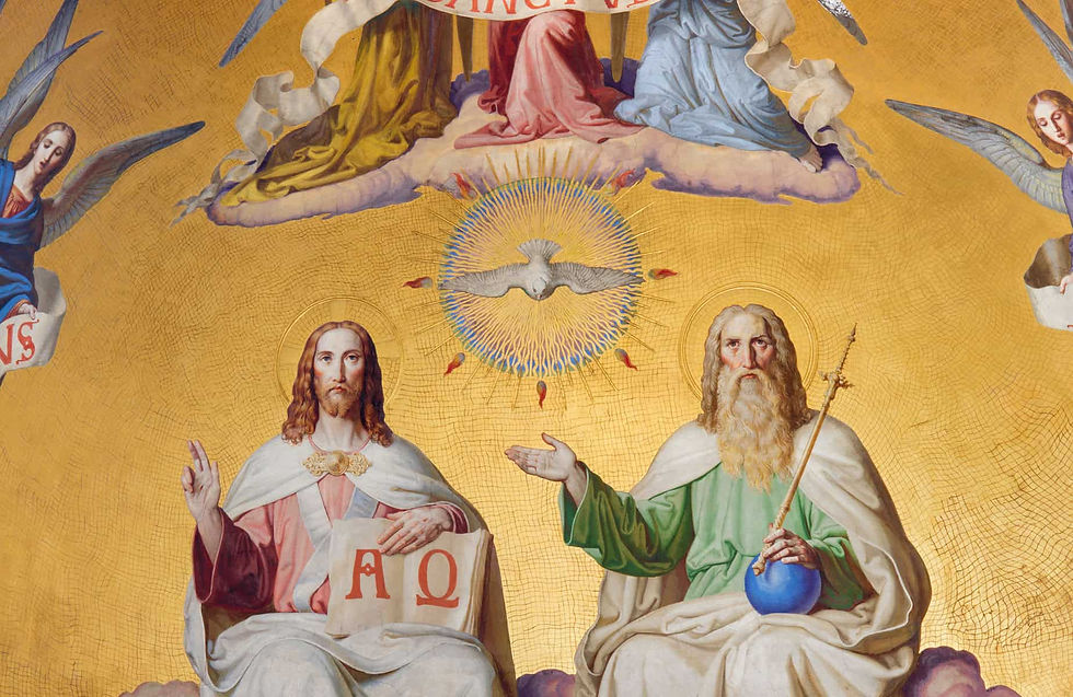 VIENNA - JULY 27: Holy Trinity. Detail from fresco of scene from apocalypse from 19. cent. in main apse of Altlerchenfelder church on July 27, 2013 Vienna.