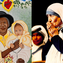 Split image: a painted black nun holds a child beneath a red Sacred Heart, beside a photo of Mother Teresa praying at a microphone