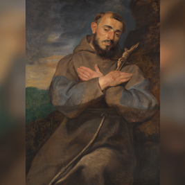 Somber painting of a bearded friar in a brown robe with arms crossed over his chest, against a dark sky.