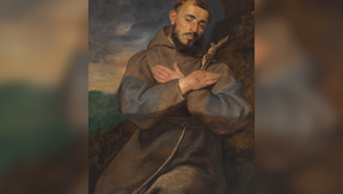 Somber painting of a bearded friar in a brown robe with arms crossed over his chest, against a dark sky.