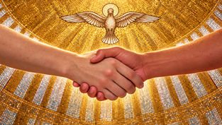 Two hands shake beneath a golden mosaic dome with a dove and halo above, suggesting peace and unity.