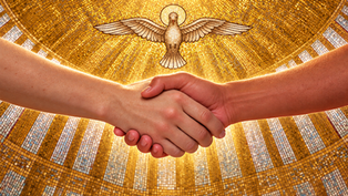 Two hands shake beneath a golden mosaic dome with a dove and halo above, suggesting peace and unity.