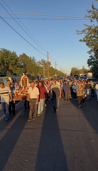 Crowd of people walks down a sunlit street carrying a flower-covered statue in a religious procession under a clear blue sky.