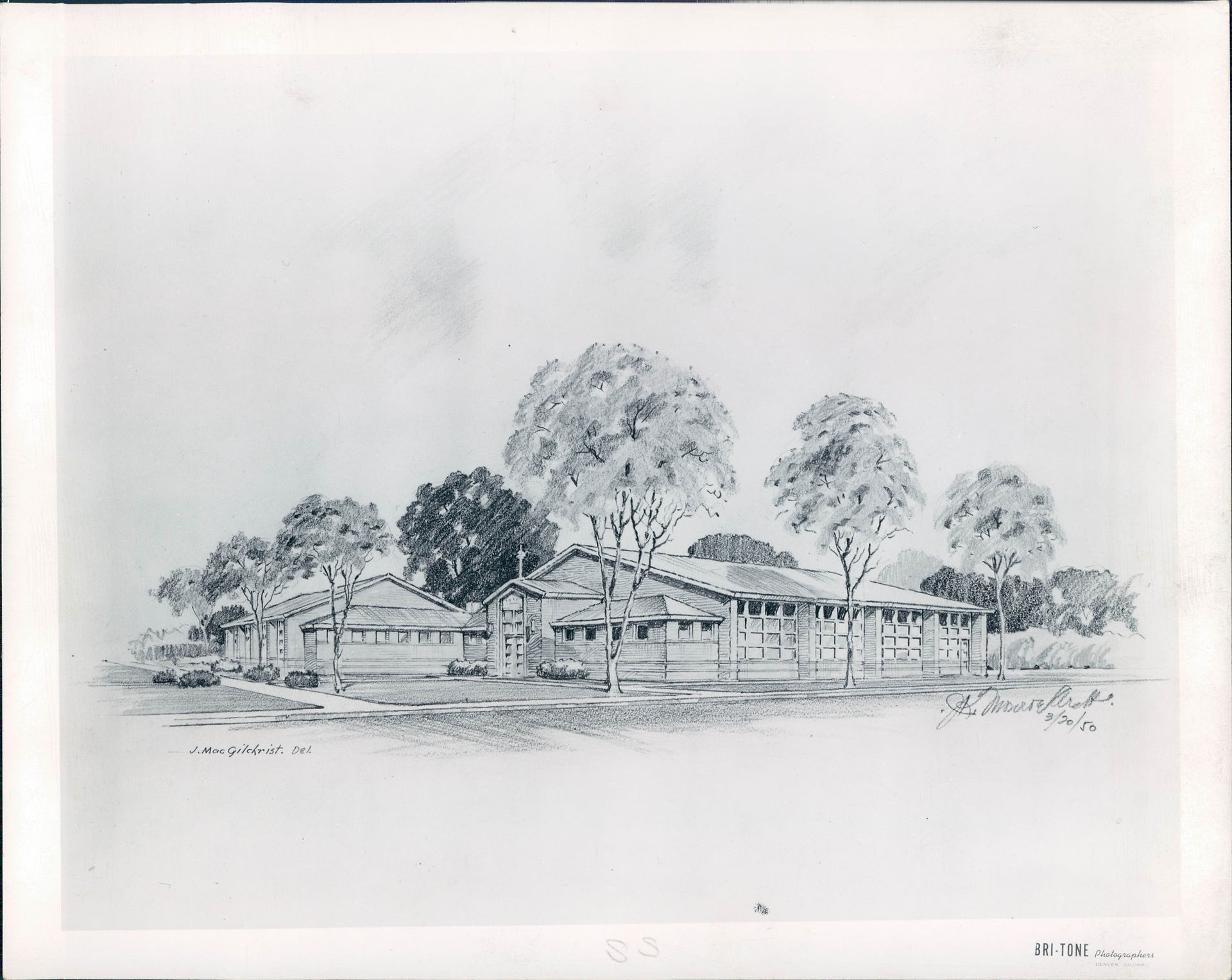Pencil sketch of a low modern building framed by trees, with signatures and a date at the bottom.