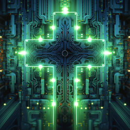 Glowing neon circuit cross centered in a futuristic tech tunnel, with green and blue lights and a sci-fi mood