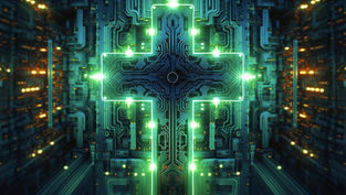 Glowing neon circuit cross centered in a futuristic tech tunnel, with green and blue lights and a sci-fi mood