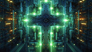 Glowing neon circuit cross centered in a futuristic tech tunnel, with green and blue lights and a sci-fi mood