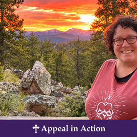 Smiling woman in red glasses and shirt stands by rocky pines at sunset; purple banner reads Appeal in Action.