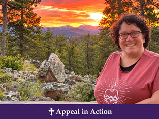Smiling woman in red glasses and shirt stands by rocky pines at sunset; purple banner reads Appeal in Action.