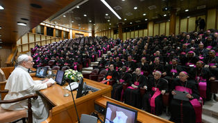 Pope speaks at a podium to a large seated group of bishops in black robes with pink sashes inside a wood-paneled auditorium.