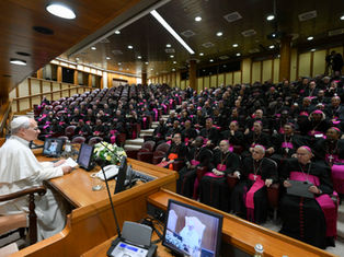 Pope speaks at a podium to a large seated group of bishops in black robes with pink sashes inside a wood-paneled auditorium.