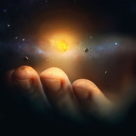 Three fingertips cradle a glowing orange galaxy with small planets against a dark, starry space backdrop.