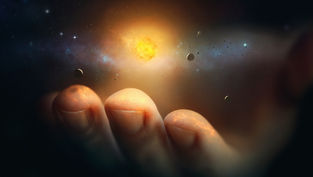 Three fingertips cradle a glowing orange galaxy with small planets against a dark, starry space backdrop.