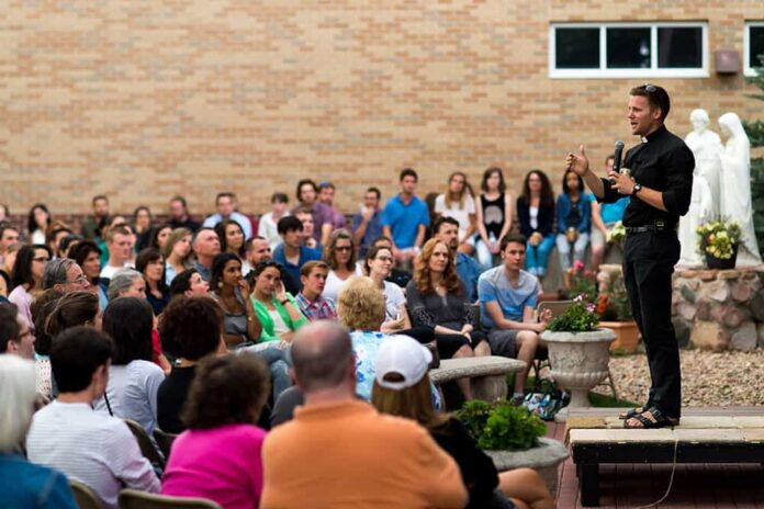DENVER, CO - JUNE 29: Fr. John Nepil speaks during the first gathering in the Grotto at Our Lady of Lourdes on June 29, 2017, in Denver, Colorado. (Photo by Anya Semenoff/A&D Creative)