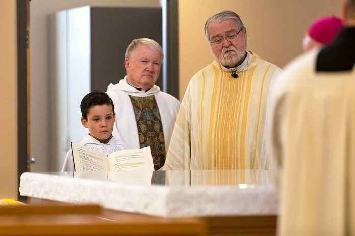 MEAD, CO, Jan. 1, 2018: Guardian Angels Parish celebrates a dedication Mass of their newly built parish center with Archbishop Samuel J. Aquila. (Photo by Jason Weinrich | Denver Catholic)