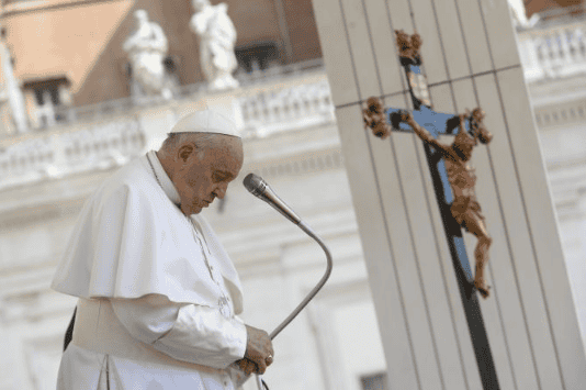 Pope Francis prays during his general audience on Wednesday, May 29, 2024, in St. Peter’s Square at the Vatican. | Credit: Vatican Media