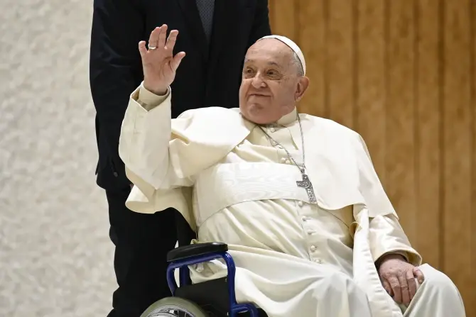 Pope Francis greets pilgrims from his wheelchair during the Saturday Jubilee audience in the Vatican's audience hall, Jan. 11, 2025. (Photo: Vatican Media)