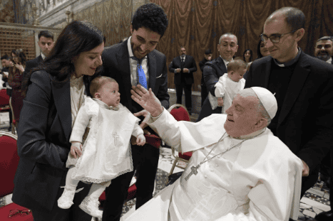 The pope greets a family at the feast of the Baptism of the Lord at the Sistine Chapel, Sunday, Jan. 12, 2025. (Photo: Vatican Media)