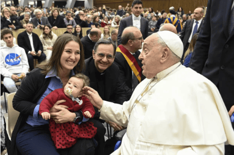 Pope Francis blesses a baby during the Saturday jubilee audience in the Vatican’s audience hall, Jan. 11, 2025. (Photo: Vatican Media)