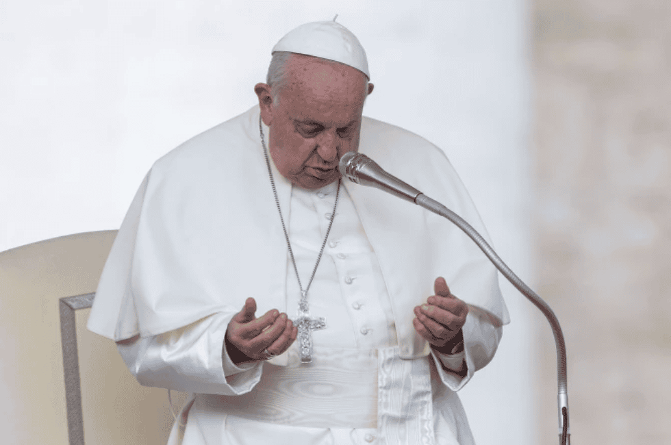 Pope Francis prays during his Wednesday general audience in St. Peter’s Square at the Vatican on Oct. 9, 2024. | (Photo: Daniel Ibañez/CNA)