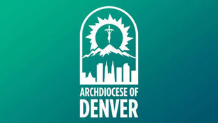 White Archdiocese of Denver logo on a teal background, featuring a sun, mountains, and a city skyline.