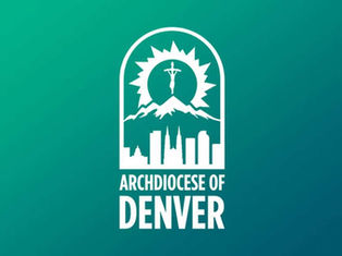 White Archdiocese of Denver logo on a teal background, featuring a sun, mountains, and a city skyline.
