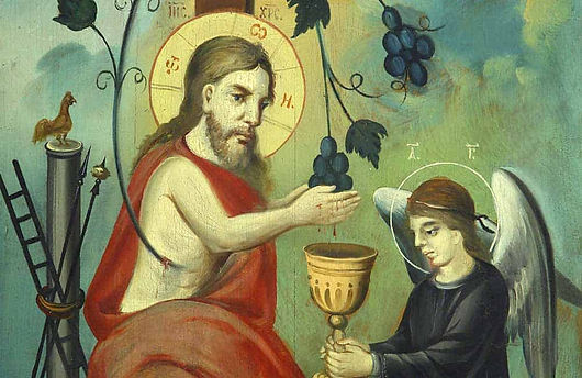 Painting of Jesus squeezing grapes into wine