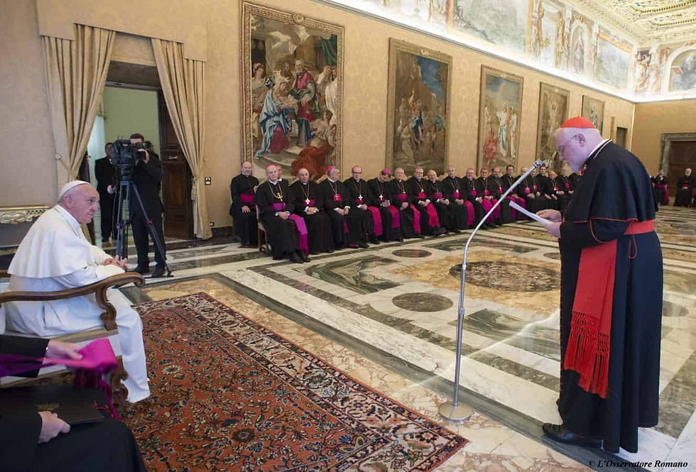 Man speaking to Pope Francis in front of a room of cardinals