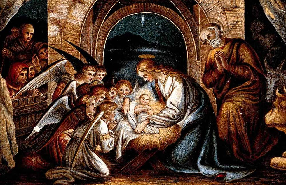 Mary, Joseph, and the angels praying at Jesus' birth