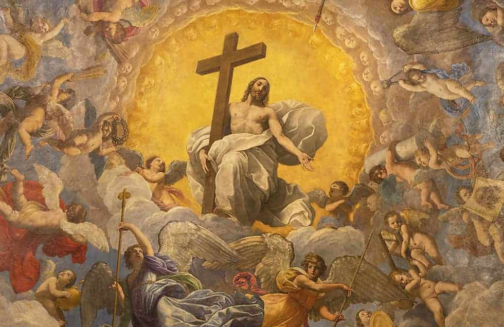 RAVENNA, ITALY - JANUARY 28, 2020: The freco Glory of Resurected Jesus from the cupola of side chapel in Duomo (cathedral) by Guido Reni (1575 - 1642).