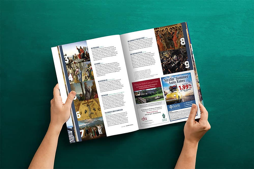 A person holds an open Denver Catholic magazine on a vibrant green surface, showcasing stories of Worship.
