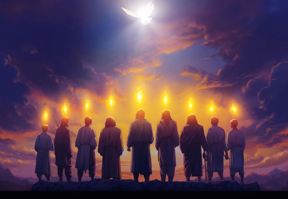 Eight men reflect in unity with Jesus, a white dove above them shining rays of light, symbolizing an apostolic age.