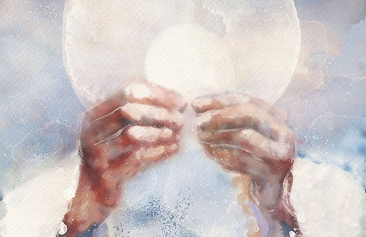 Watercolor hands holding Eucharist