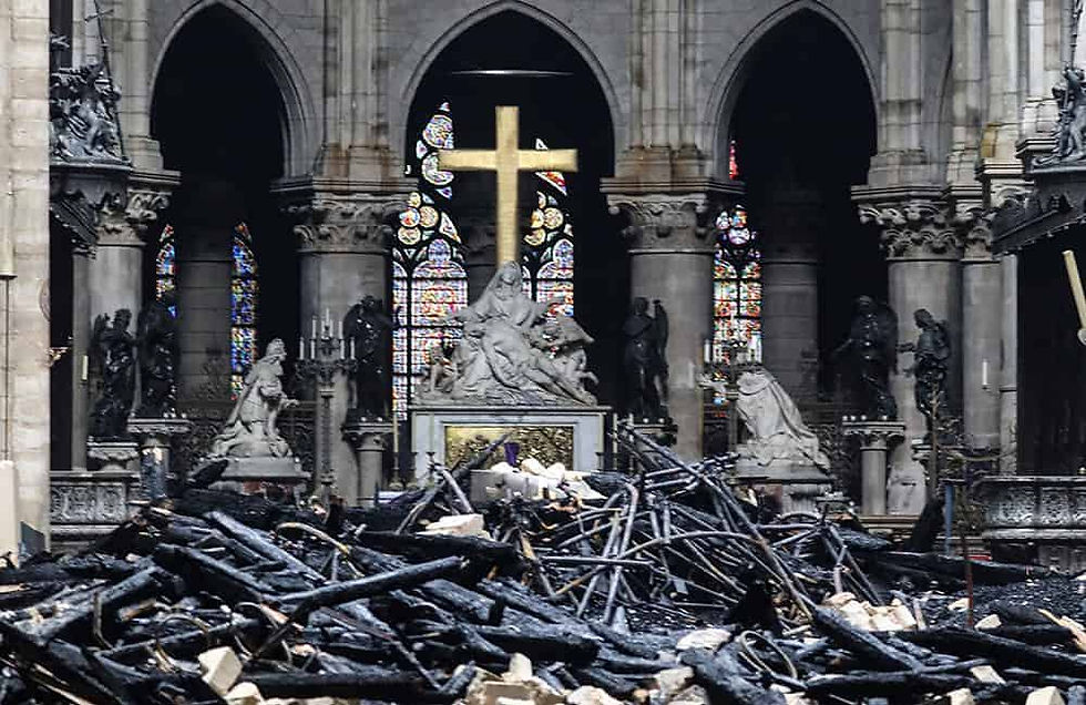 Charred debris inside the Notre-Dame Cathedral