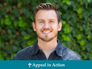 Smiling man in denim shirt with green leafy background. Text: "Appeal in Action" on bottom. Bright, cheerful mood.