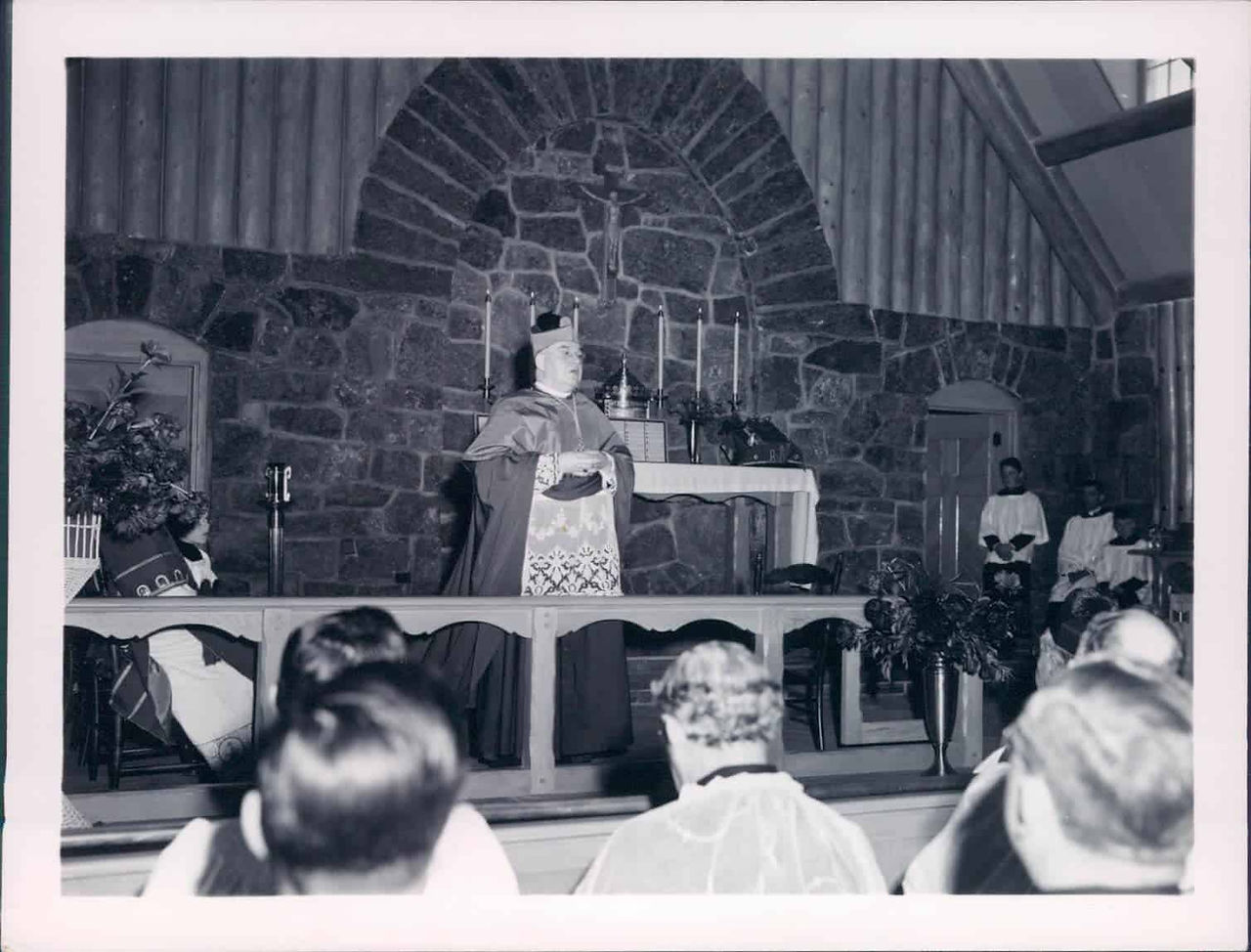 Archbishop Urban Vehr visits Our Lady of the Mountains Church in 1949.