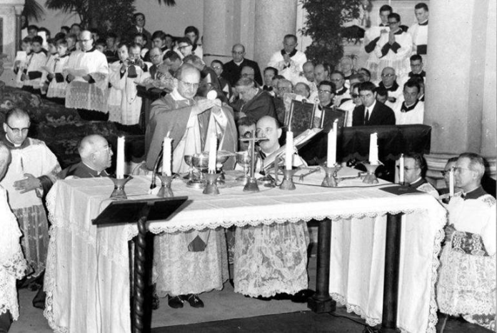 St. Paul VI says the Mass versus populum at All Saints Parish (Rome) on March 7, 1965.
