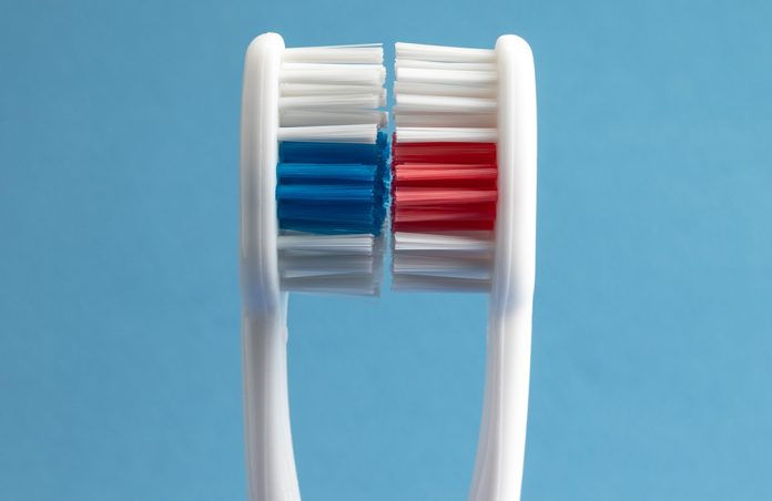 Two toothbrushes facing each other